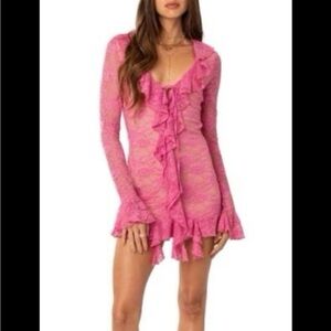 Edikted Josephine Ruffle Long Sleeve Lace Dress in Pink
